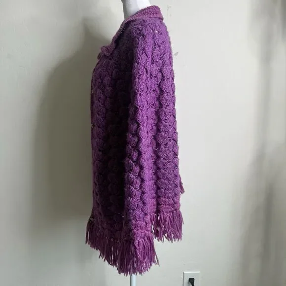 Handknit Crochet Purple Cape Poncho Wrap Sweater Chunky Fringe Granny Beige Boho - Picture 8 of 15